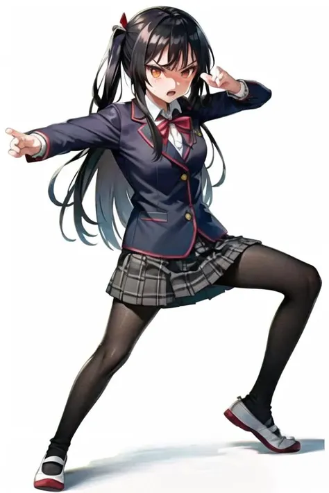 school ruins,
solo,masterpiece, best quality, black hair, long hair, blunt bangs, eyebrows_behind_hair, impossible clothes,
school uniform, blazer, red bow, (black pantyhose:1.3), plaid, pleated skirt, 13 year old girl, long legs, (full body:1.3),
(seductive fighting pose:1.3), dramatic angle and pose,
serious, blush, angry,
(attack, fireball),
uwabliang2 <lora:uwabliang2:0.8>