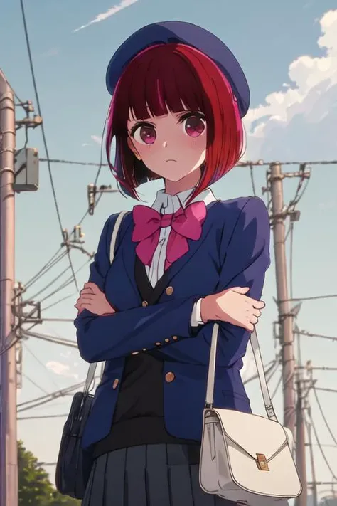 best quality, masterpiece, highres, solo, {arima_kana_oshinoko:1.15}, short_hair, bangs, red_hair, blunt_bangs, bob_cut, red_eyes, hat, 1girl, bow, bowtie, jacket, looking_at_viewer, outdoors, pink_bow, bag, beret, blue_headwear, shirt, upper_body, long_sleeves, school_uniform, blue_jacket, blue_sky, closed_mouth, day, holding_strap, pink_bowtie, sky, cloud, collared_shirt, power_lines, white_shirt, utility_pole