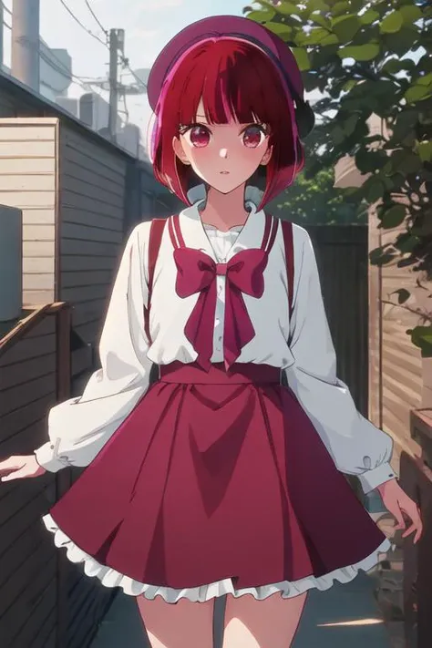 best quality, masterpiece, highres, solo, {arima_kana_oshinoko:1.15}, short_hair, bangs, red_hair, blunt_bangs, bob_cut, red_eyes, hat