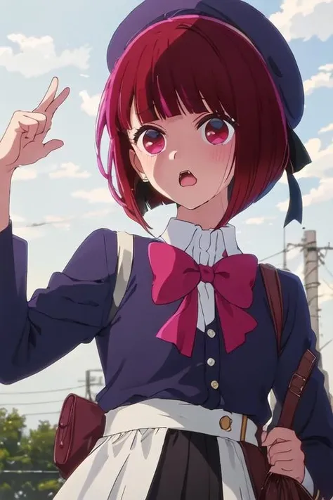 best quality, masterpiece, highres, solo, {arima_kana_oshinoko:1.15}, short_hair, bangs, red_hair, blunt_bangs, bob_cut, red_eyes, hat, 1girl, beret, bow, open_mouth, bowtie, red_bow, school_uniform, flying_sweatdrops, long_sleeves, wavy_mouth
