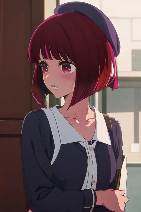 best quality, masterpiece, highres, solo, {arima_kana_oshinoko:1.15}, short_hair, bangs, red_hair, blunt_bangs, bob_cut, red_eyes, hat, 1girl, beret, profile, upper_body, black_shirt, sweatdrop, from_side, long_sleeves, shirt, collarbone, teeth