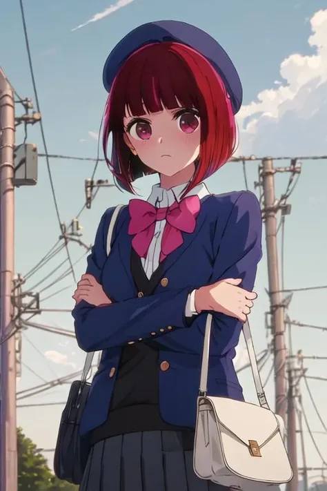 best quality, masterpiece, highres, solo, {arima_kana_oshinoko:1.15}, short_hair, bangs, red_hair, blunt_bangs, bob_cut, red_eyes, hat, 1girl, bow, bowtie, jacket, looking_at_viewer, outdoors, pink_bow, bag, beret, blue_headwear, shirt, upper_body, long_sleeves, school_uniform, blue_jacket, blue_sky, closed_mouth, day, holding_strap, pink_bowtie, sky, cloud, collared_shirt, power_lines, white_shirt, utility_pole