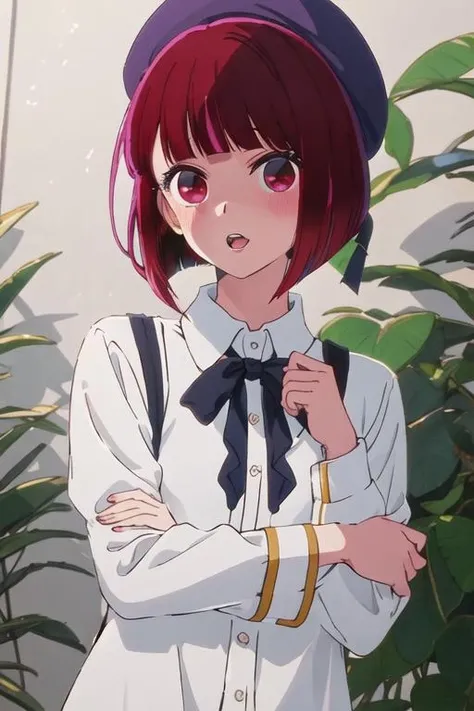 best quality, masterpiece, highres, solo, {arima_kana_oshinoko:1.15}, short_hair, bangs, red_hair, blunt_bangs, bob_cut, red_eyes, hat, 1girl, collared_shirt, looking_at_viewer, shirt, white_shirt, open_mouth, parted_lips, anime_coloring, portrait