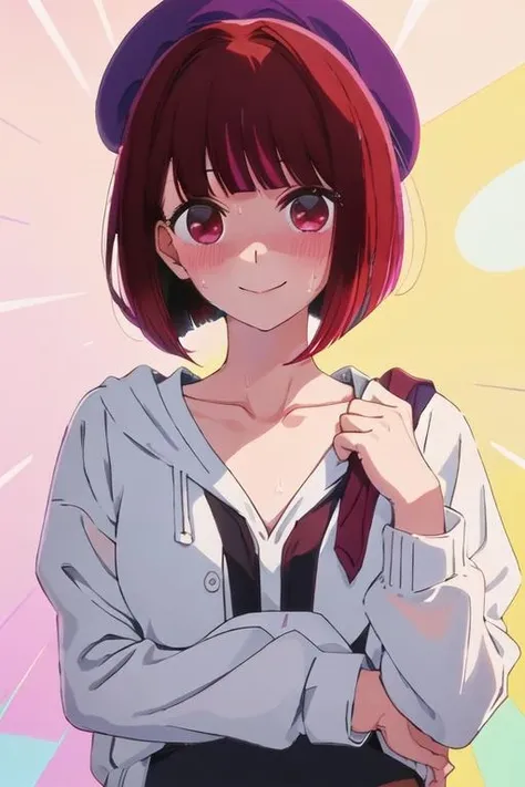 best quality, masterpiece, highres, solo, {arima_kana_oshinoko:1.15}, short_hair, bangs, red_hair, blunt_bangs, bob_cut, red_eyes, hat, 1girl, closed_mouth, portrait, smile, beret, black_shirt, shirt, purple_headwear, closed_eyes, blush, collarbone, facing_viewer, sweat, upper_body