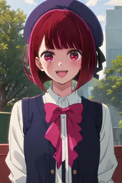 best quality, masterpiece, highres, solo, {arima_kana_oshinoko:1.15}, short_hair, bangs, red_hair, blunt_bangs, bob_cut, red_eyes, hat, 1girl, beret, bow, bowtie, pink_bow, shirt, smile, upper_body, white_shirt, collared_shirt, jacket, school_uniform, pink_bowtie, blue_headwear, blue_jacket, closed_mouth, :d, open_mouth