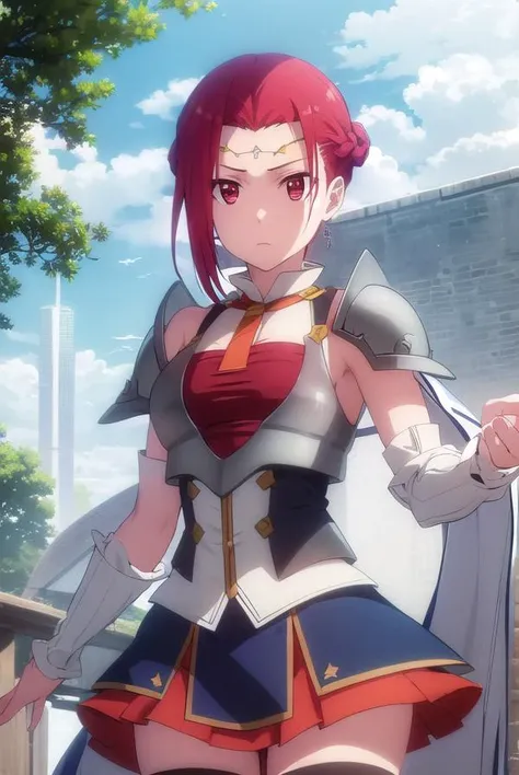 pinacolada, <lora:pina co lada s1s2-lora-nochekaiser:1>,
pina co lada, short hair, (red eyes:1.3), red hair, braid, single braid, braided ponytail,
BREAK skirt, thighhighs, cleavage, jewelry, earrings, detached sleeves, cape, armor, cleavage cutout, circlet,
BREAK outdoors, forest, nature, sun, sky, clouds, trees, grass,
BREAK looking at viewer, (cowboy shot:1.5),
BREAK <lyco:GoodHands-beta2:1>, (masterpiece:1.2), best quality, high resolution, unity 8k wallpaper, (illustration:0.8), (beautiful detailed eyes:1.6), extremely detailed face, perfect lighting, extremely detailed CG, (perfect hands, perfect anatomy),