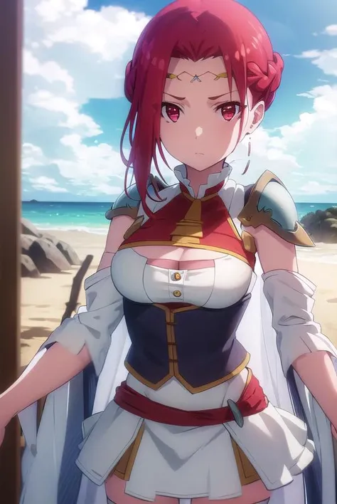 pinacolada, <lora:pina co lada s1s2-lora-nochekaiser:1>,
pina co lada, short hair, (red eyes:1.3), red hair, braid, single braid, braided ponytail,
BREAK skirt, thighhighs, cleavage, jewelry, earrings, detached sleeves, cape, armor, cleavage cutout, circlet,
BREAK outdoors, forest, nature, sun, sky, clouds, trees, grass,
BREAK looking at viewer, (cowboy shot:1.5),
BREAK <lyco:GoodHands-beta2:1>, (masterpiece:1.2), best quality, high resolution, unity 8k wallpaper, (illustration:0.8), (beautiful detailed eyes:1.6), extremely detailed face, perfect lighting, extremely detailed CG, (perfect hands, perfect anatomy),