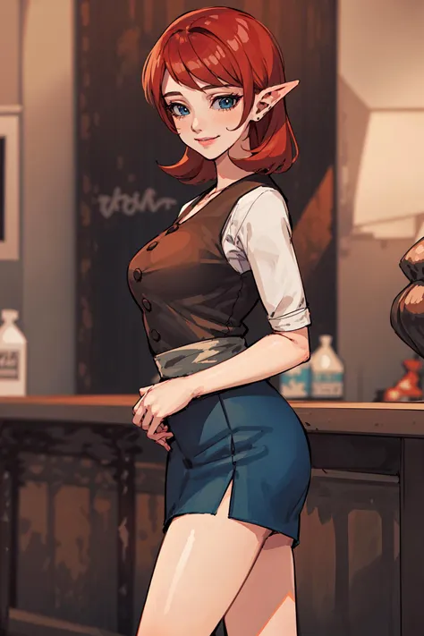 (masterpiece:1.2, best quality), ultra detailed, Ultra-precise depiction, Ultra-detailed depiction, hotel reception, <lora:AnjuTLOZ:1> anju, 1lady, solo, adult, red hair, hand on waist, brown vest, blue mini skirt, standing, cute smile, bare legs, cowboy shot, covered black panty, hard lighting,