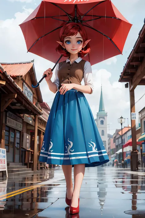 anju, blue eyes, red hair, blue skirt, long skirt, brown vest, brown flats, looking at viewer, smiling, full body shot, standing, outside,holding umbrella,outside, rain, overcast, town, market, blue sky, high quality, masterpiece <lora:AnjuTLOZ:.8>