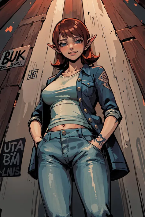 (masterpiece:1.2, best quality), ultra detailed, Ultra-precise depiction, Ultra-detailed depiction, night, (wood wall background:1.3), <lora:AnjuTLOZ:1> anju, 1lady, solo, jeans, (open jacket:1.2), hands on pocket, standing, smug grin, (from below:1.3), (graffiti spray:1.3), (multiple tattoos:1.2),