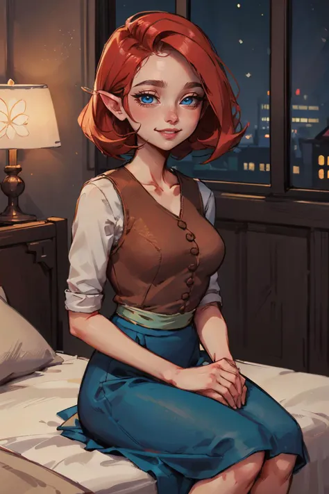 (masterpiece, best quality), 1girl(beautiful face, gwendolyn_tennyson, breasts, orange hair,  short hair, green eyes, half-closed eyes),detailed face, a come-hither face, parted lips, solo,  nude, facing viewer, looking at viewer, nose blush, blush, see-through nightgown, in the  bedroom, night time, standing , come-on, lure 