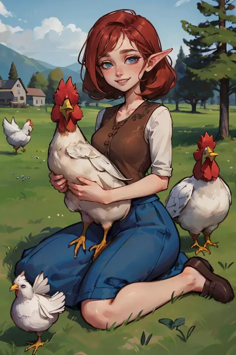 anju, blue eyes, red hair, blue skirt, long skirt, brown vest, looking at viewer, smiling, happy, teeth, sitting, wariza, on grass, holding animal, chicken, farm, sunny, high quality, masterpiece <lora:AnjuTLOZ:.8>
