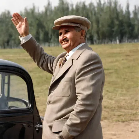 Nicolae Ceausescu, NC1, solo,1boy,hat,male focus,outdoors,facial hair,pocket,hand in pocket,waving,realistic,mustache,cabbie hat,old,old man<lora:Ceausescu-000011:0.7>