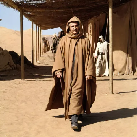 Nicolae Ceausescu, NC1, cinematic still, realistic, a serious and NC1 jedi walking through a dirty market in Tatooine, tattered, ragged, wearing a filthy hooded robe,<lora:Ceausescu-000011:0.75>