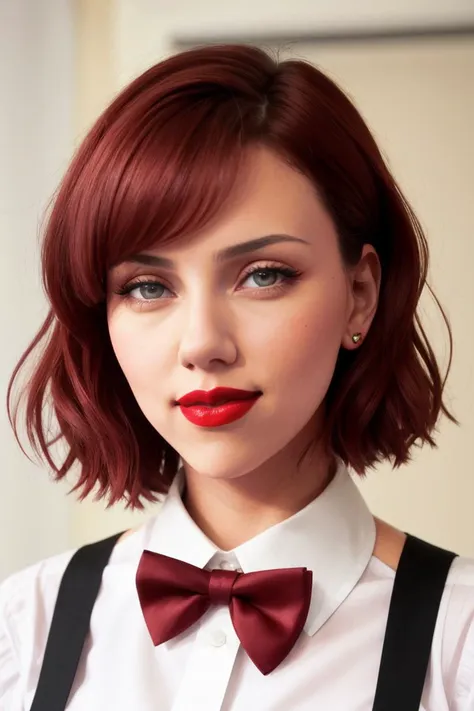 scarjo-600, ((dark red hair)),((detailed eyes, beautiful eyes, detailed face, beautiful face):1.2), ((red lipstick, blush)),  ,photo of a woman, RAW, ((bowtie, shirt)),((short hair)), ((classroom, sitting)), slim body, 8k uhd, dslr, soft lighting, high quality, film grain, Fujifilm XT3 sharp focus, f 5.6,((red lipstick, blush)) , slight smile