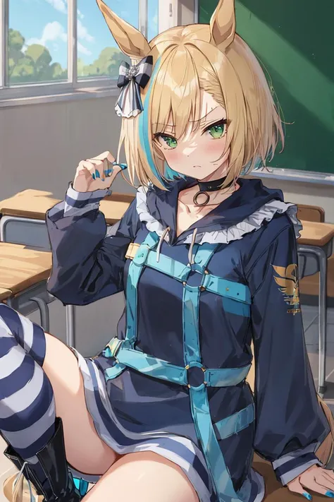 absurdres, highres, ultra detailed, little_cocon , horse girl, horse ears, horse tail, green eyes, short hair, blonde hair, blue hair, multicolored hair, hair bow, blue nails, long sleeves, black choker, blue jacket, hoodie, o-ring, frills, blue belt, asymmetrical legwear, boots, blue footwear, socks, striped , classroom, sitting, angry, <lora:little_cocon_v1:0.80>