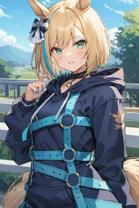 absurdres, highres, ultra detailed, little_cocon , horse girl, horse ears, horse tail, green eyes, short hair, blonde hair, blue hair, multicolored hair, hair bow, blue nails, long sleeves, black choker, blue jacket, hoodie, o-ring, frills, blue  belt, asymmetrical legwear, boots, blue footwear, socks, striped , outdoors, upper body, <lora:1024_Lion_LyCORIS_loha:0.80>