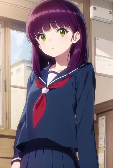 shinobumiyake, <lora:shinobu miyake s1-lora-nochekaiser:1>,
shinobu miyake, long hair, bangs, purple hair, (green eyes:1.5),
BREAK shirt, long sleeves, school uniform, serafuku, sailor collar, neckerchief, red neckerchief, shirt, blue shirt, blue sailor collar, blue skirt,
BREAK indoors, classroom,
BREAK looking at viewer, (cowboy shot:1.5),
BREAK <lyco:GoodHands-beta2:1>, (masterpiece:1.2), best quality, high resolution, unity 8k wallpaper, (illustration:0.8), (beautiful detailed eyes:1.6), extremely detailed face, perfect lighting, extremely detailed CG, (perfect hands, perfect anatomy),