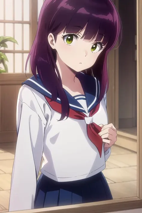 shinobumiyake, <lora:shinobu miyake s1-lora-nochekaiser:1>,
shinobu miyake, long hair, bangs, purple hair, (green eyes:1.5),
BREAK shirt, long sleeves, school uniform, serafuku, sailor collar, neckerchief, red neckerchief, shirt, blue shirt, blue sailor collar, blue skirt,
BREAK indoors, classroom,
BREAK looking at viewer, (cowboy shot:1.5),
BREAK <lyco:GoodHands-beta2:1>, (masterpiece:1.2), best quality, high resolution, unity 8k wallpaper, (illustration:0.8), (beautiful detailed eyes:1.6), extremely detailed face, perfect lighting, extremely detailed CG, (perfect hands, perfect anatomy),