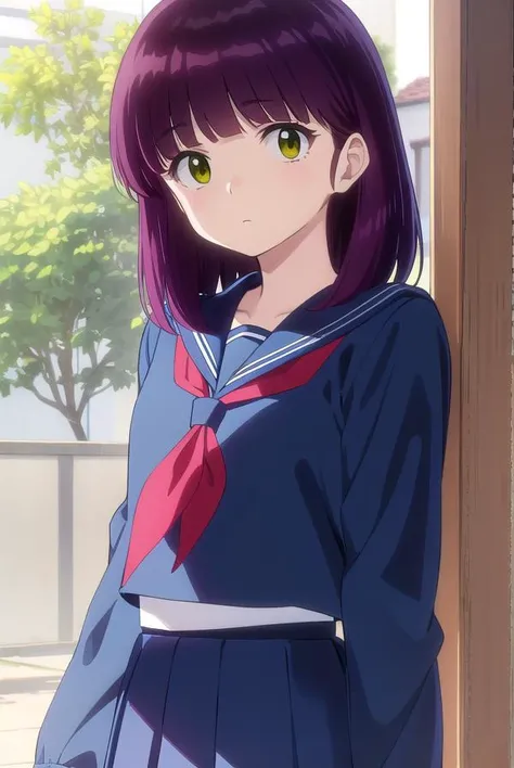 shinobumiyake, <lora:shinobu miyake s1-lora-nochekaiser:1>,
shinobu miyake, long hair, bangs, purple hair, (green eyes:1.5),
BREAK shirt, long sleeves, school uniform, serafuku, sailor collar, neckerchief, red neckerchief, shirt, blue shirt, blue sailor collar, blue skirt,
BREAK indoors, classroom,
BREAK looking at viewer, (cowboy shot:1.5),
BREAK <lyco:GoodHands-beta2:1>, (masterpiece:1.2), best quality, high resolution, unity 8k wallpaper, (illustration:0.8), (beautiful detailed eyes:1.6), extremely detailed face, perfect lighting, extremely detailed CG, (perfect hands, perfect anatomy),