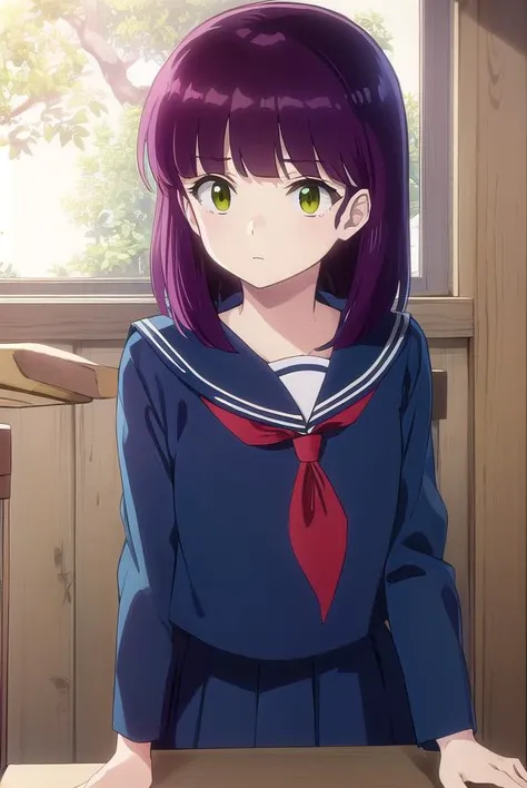 shinobumiyake, <lora:shinobu miyake s1-lora-nochekaiser:1>,
shinobu miyake, long hair, bangs, purple hair, (green eyes:1.5),
BREAK shirt, long sleeves, school uniform, serafuku, sailor collar, neckerchief, red neckerchief, shirt, blue shirt, blue sailor collar, blue skirt,
BREAK indoors, classroom,
BREAK looking at viewer, (cowboy shot:1.5),
BREAK <lyco:GoodHands-beta2:1>, (masterpiece:1.2), best quality, high resolution, unity 8k wallpaper, (illustration:0.8), (beautiful detailed eyes:1.6), extremely detailed face, perfect lighting, extremely detailed CG, (perfect hands, perfect anatomy),
