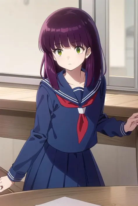 shinobumiyake, <lora:shinobu miyake s1-lora-nochekaiser:1>,
shinobu miyake, long hair, bangs, purple hair, (green eyes:1.5),
BREAK shirt, long sleeves, school uniform, serafuku, sailor collar, neckerchief, red neckerchief, shirt, blue shirt, blue sailor collar, blue skirt,
BREAK indoors, classroom,
BREAK looking at viewer, (cowboy shot:1.5),
BREAK <lyco:GoodHands-beta2:1>, (masterpiece:1.2), best quality, high resolution, unity 8k wallpaper, (illustration:0.8), (beautiful detailed eyes:1.6), extremely detailed face, perfect lighting, extremely detailed CG, (perfect hands, perfect anatomy),