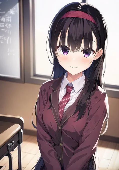 masterpiece, best quality, 1 girl, <lora:nijouinHazukiRiddleJoker_v1E1:0.7>, hazuki, black hair, long hair, red hairband, purple eyes, school uniforms, classroom