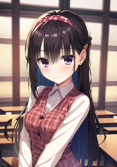 masterpiece, best quality, 1 girl, <lora:nijouinHazukiRiddleJoker_v1E1:0.7>, hazuki, black hair, long hair, red hairband, purple eyes, school uniforms, classroom