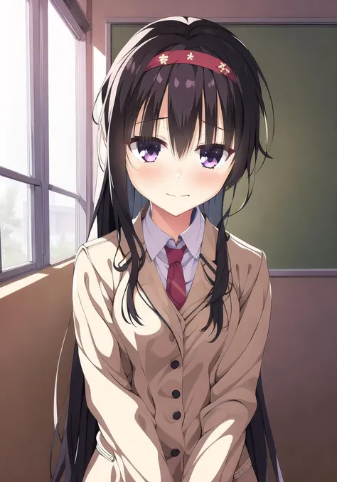 masterpiece, best quality, 1 girl, <lora:nijouinHazukiRiddleJoker_v1E1:0.9>, hazuki, black hair, long hair, red hairband, purple eyes, school uniforms, classroom