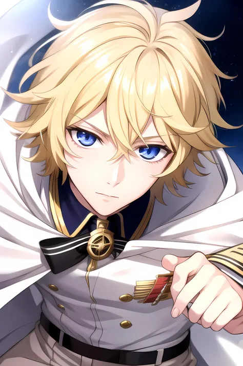 masterpiece, best quality, highres, high quality, 1boy, solo, male focus, looking at viewer, upper body,  hair, free pose, realistic, mikaela, blonde, cape, uniform,  <lora:mikaela-08:0.67>