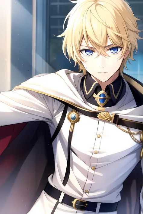 masterpiece, best quality, highres, high quality, 1boy, solo, male focus, looking at viewer, upper body, hair, free pose, realistic, mikaela, blonde, cape <lora:mikaela-08:0.67>