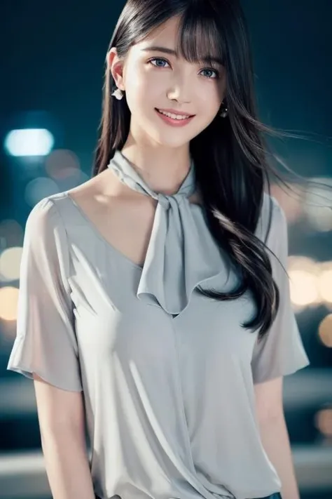 1girl,(wearing a light gray blouse:1.2),(RAW photo, best quality), (realistic, photo-realistic:1.4), masterpiece, an extremely delicate and beautiful, extremely detailed, 2k wallpaper, Amazing, finely detail, extremely detailed CG unity 8k wallpaper, ultra-detailed, highres, soft light, beautiful detailed girl, extremely detailed eyes and face, beautiful detailed nose, beautiful detailed eyes,cinematic lighting,city lights at night,perfect anatomy,slender body,smiling, <lora:kuboshiori_lora:0.7>