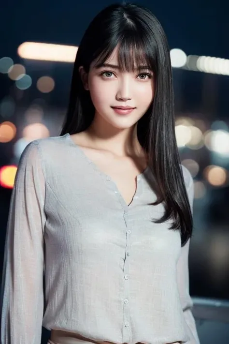 1girl,(wearing a light gray blouse:1.2),(RAW photo, best quality), (realistic, photo-realistic:1.4), masterpiece, an extremely delicate and beautiful, extremely detailed, 2k wallpaper, Amazing, finely detail, extremely detailed CG unity 8k wallpaper, ultra-detailed, highres, soft light, beautiful detailed girl, extremely detailed eyes and face, beautiful detailed nose, beautiful detailed eyes,cinematic lighting,city lights at night,perfect anatomy,slender body,smiling, <lora:kuboshiori_lora:0.7>