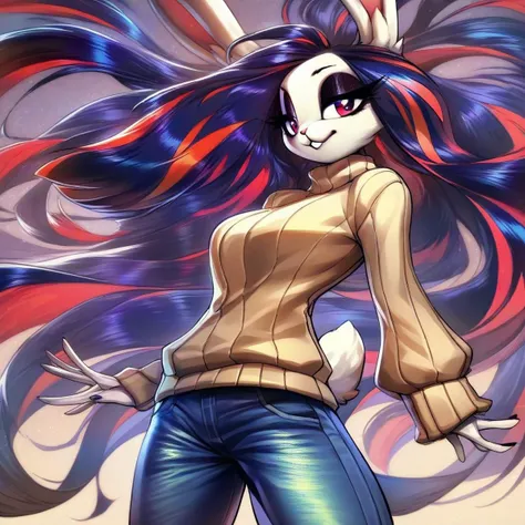 digital_media_(artwork) hi_res, score_9, score_8_up, score_7_up, score_6_up, score_5_up, score_4_up, rating_safe, beautiful, anthro, furry, female, detailed textured fur, fur tufts, fluffy, slim, slender, cute, sweater, baggy denim pants, beautiful eyes, detailed eyes, smile, solo, SFW, rabbit, long hair, multicolored hair, streaked hair, absurdres, highres, goth, heavy eyeliner, heavy eye shadow, breasts,