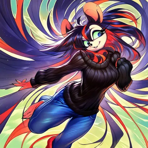 digital_media_(artwork) hi_res, score_9, score_8_up, score_7_up, score_6_up, score_5_up, score_4_up, rating_safe, beautiful, anthro, furry, female, detailed textured fur, fur tufts, fluffy, slim, slender, cute, sweater, baggy denim pants, beautiful eyes, detailed eyes, smile, solo, SFW, mouse, long hair, multicolored hair, streaked hair, absurdres, highres, goth, heavy eyeliner, heavy eye shadow, breasts,