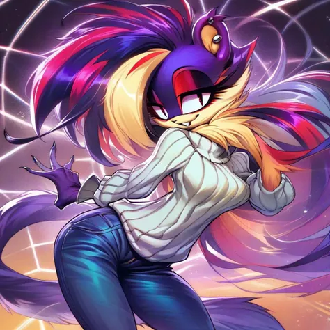 digital_media_(artwork) hi_res, score_9, score_8_up, score_7_up, score_6_up, score_5_up, score_4_up, rating_safe, beautiful, anthro, furry, female, detailed textured fur, fur tufts, fluffy, slim, slender, cute, sweater, baggy denim pants, beautiful eyes, detailed eyes, smile, solo, SFW, sabertooth, long hair, multicolored hair, streaked hair, absurdres, highres, goth, heavy eyeliner, heavy eye shadow, breasts,