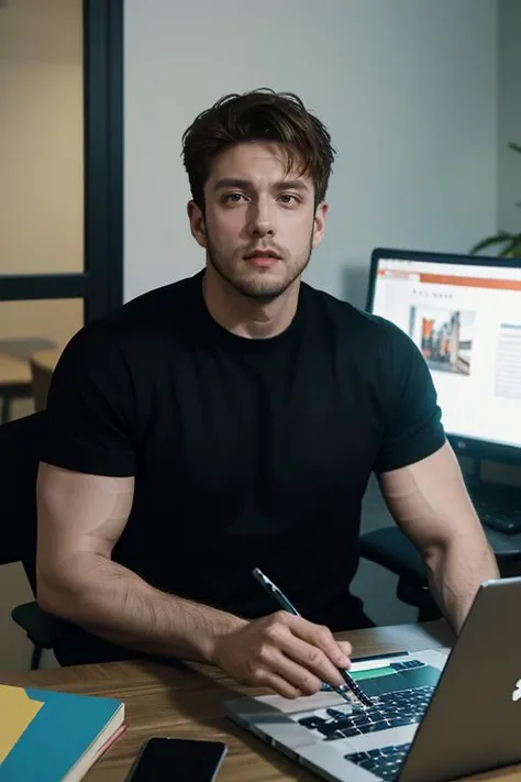 ramirolozano person, blonde hair, ginger mature man, eyesglasses, night time, black shirt, big shoulders, muscular body, lay on chair, desktop, laptop, look at pc, facial hair, beard, sharp focus, 1boy, extra wide-range, look looking at viewer, office, at work, <lora:ramirolozano_12210:1>, neon lighting, (masterpiece, best quality:1.5)