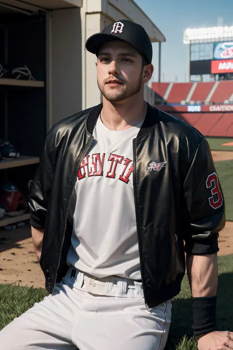 ramirolozano person, blonde hair, ginger mature man, baseball bomber, car garage, muscular guy, facial hair, beard, sharp focus, 1boy, extra wide-range, big biceps, bare shoulder, <lora:ramirolozano_12210:1>, neon lighting, white underwear, baseball cap, glove, grass field, baseball stadium, smirk, sweat, (masterpiece, best quality:1.5)