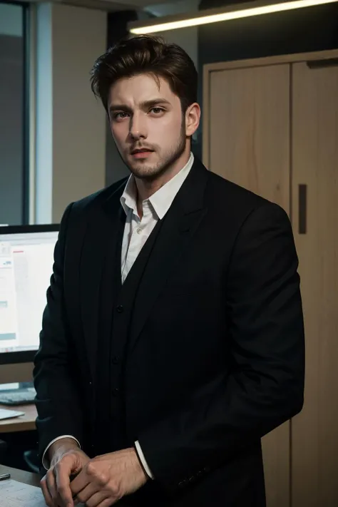 ramirolozano person, blonde hair, ginger mature man, night time, black business suit, facial hair, beard, sharp focus, 1boy, extra wide-range, look looking at viewer, office, at work, <lora:ramirolozano_12210:1>, neon lighting, (masterpiece, best quality:1.5)