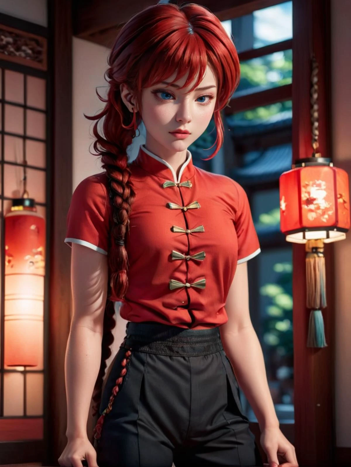 UHD, 4k, ultra detailed, cinematic, a photograph of <lora:Ranma21_V1-step00001500:1> 1girl, Ranma21, red hair, braid, red shirt, chinese clothes, shirt, short sleeves, pants, high-waist pants, single braid, long hair, single braided ponytail, black pants, epic, beautiful lighting, inpsiring