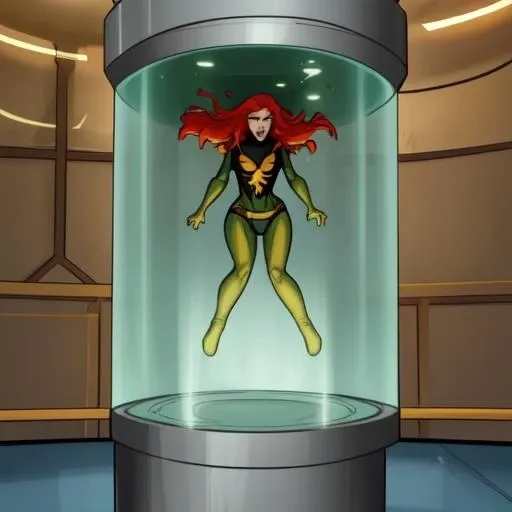 Jean Grey in cloning tank  <lora:jean_grey-10:.8> <lora:CultivationTank[in_container]V3:.8>