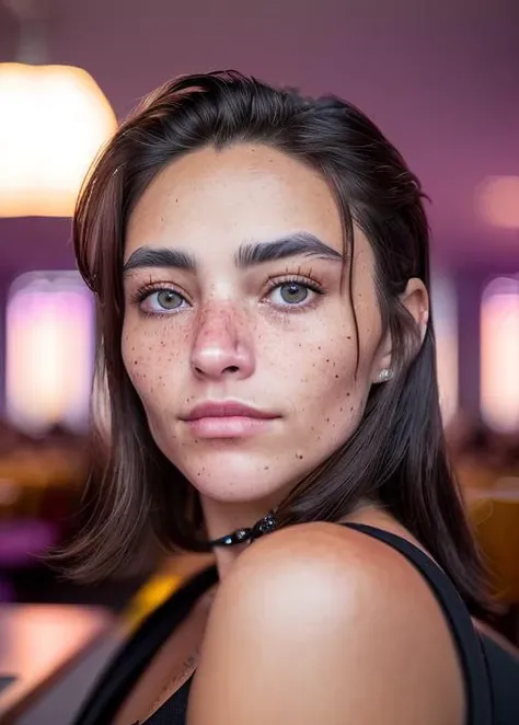 close up face portrait, detailed of Gio Scotti, epic (photo, sony a7, 35 mm, matte skin, pores, colors, hyperdetailed, hyper-realistic), (she is sitting in a cyberpunk restaurant, brutalist maximalist, purple accent light, pretty:1.2) (detailed photo:1.2) <lora:Gio_Scotti:1>