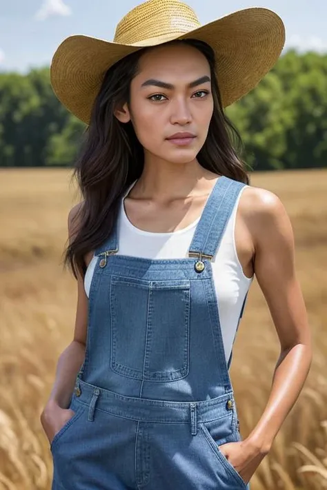 Picture, best quality, portrait photo of Koh_FlorenceFaivre as a rancher, wearing straw hat, midwest highlands, denim overalls, blue sky, optical flare, bright sunlight, looking at viewer, perfect face, perfect eyes, sharp focus, trending on ArtStation