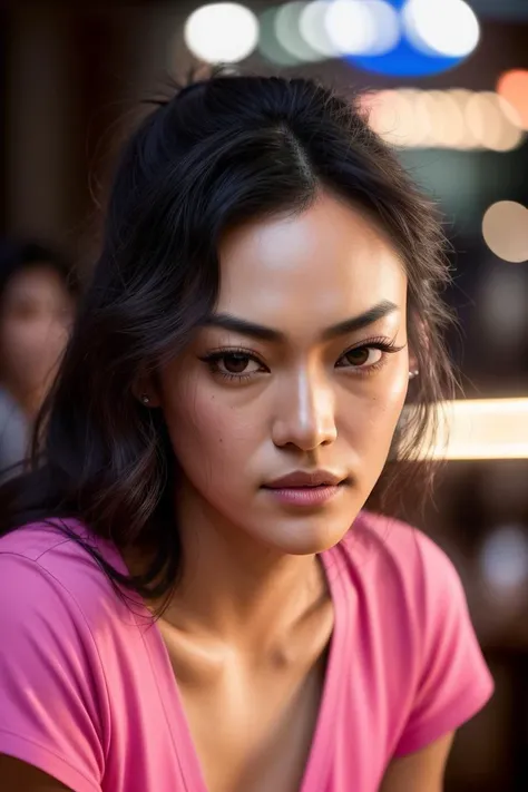 photo of seductive (Koh_FlorenceFaivre:0.99), a woman as a sexy student, hair upsweep updo, ((closeup portrait:1.3)), (tight t-shirt), at an (80s style) cantina sitting bar, (masterpiece:1.5) (photorealistic:1.1) (bokeh) (best quality) (detailed skin texture pores hairs:1.2) (intricate) (8k) (HDR) (wallpaper) (cinematic lighting) (sharp focus), (vivid atmosphere), (brightly lit:1.2), (face focus)