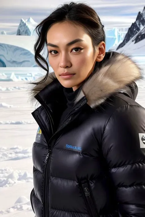 Picture, best quality, portrait photo of Koh_FlorenceFaivre at a glacier, wearing thick fur wintercoat, icy, antarctica, expedition, raytracing, reflective surfaces, dramatic, contrast, godrays, looking at viewer, perfect face, perfect eyes, sharp focus, trending on ArtStation, iceinmyveins