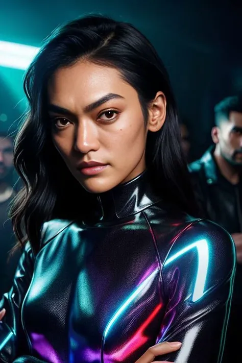 Picture, best quality, portrait photo of Koh_FlorenceFaivre at a nightclub, dark, wearing clubbing outfit, long sleeves, lightshow, lasers, strobe, raytracing, reflective surfaces, dramatic, contrast, godrays, dim lighting, looking at viewer, perfect face, perfect eyes, sharp focus, trending on ArtStation, AllOfTheLights artstyle, greg rutkowski, Zabrocki, Karlkka, Jayison Devadas