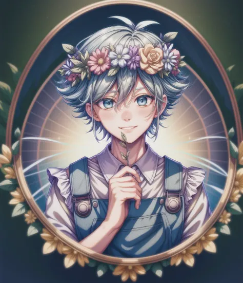 Masterpiece, best quality, detailed, perfect lighting, 1boy, omoribasil, green hair, head wreath, overalls, blue eyes, boy, solo, light smile, full body, solo focus, close up, looking at viewer, green aura, rainbow halo, park background <lora:add_detail:1> <lora:hotarusaturation_1_v100:1.5> <lora:omori_basil:1>