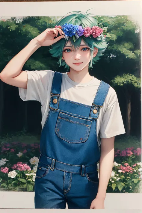 (masterpiece, best quality:1.2), cowboy shot, solo, male focus, 1boy, omoribasil, smile, looking at viewer, holding flowers, green hair, head wreath, overalls, flower field <lora:omori_basil:1.0>