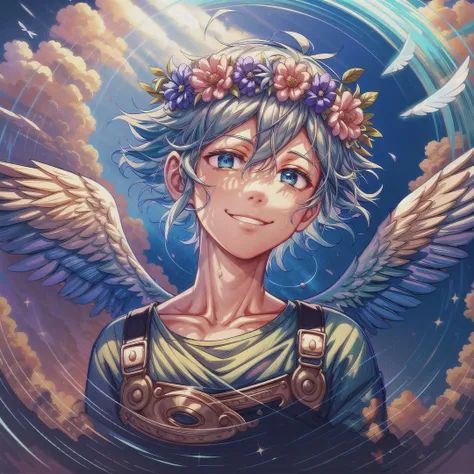 Masterpiece, best quality, detailed, perfect lighting, 1boy, omoribasil, green hair, head wreath, cute, overalls, blue eyes, boy, smile, solo, full body, solo focus, detailed sky, heaven, looking at viewer, divine, angel, godlike, aura around body, rainbow halo, park background, levitation, wings, angel wings <lora:add_detail:1> <lora:hotarusaturation_1_v100:1.5> <lora:omori_basil:1> <lora:landing_wings:1>