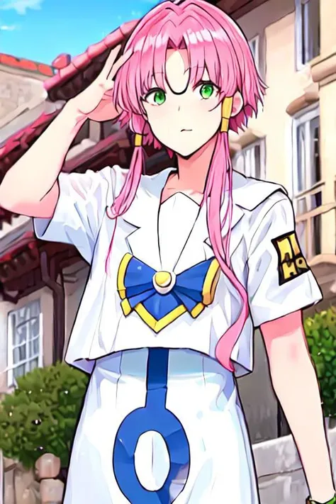 akarim, pink hair, hair tubes, green eyes, white dress, sailor collar